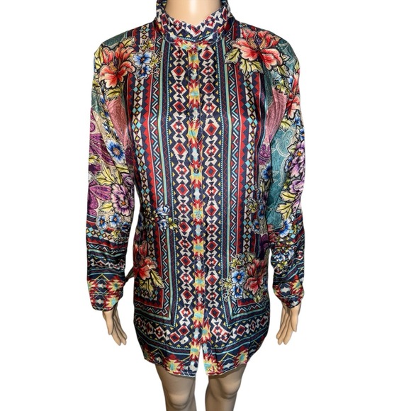 Johnny Was Ledona Janelle Blouse Button-Up Silk Sz Small Artsy Floral Resort - Picture 5 of 15